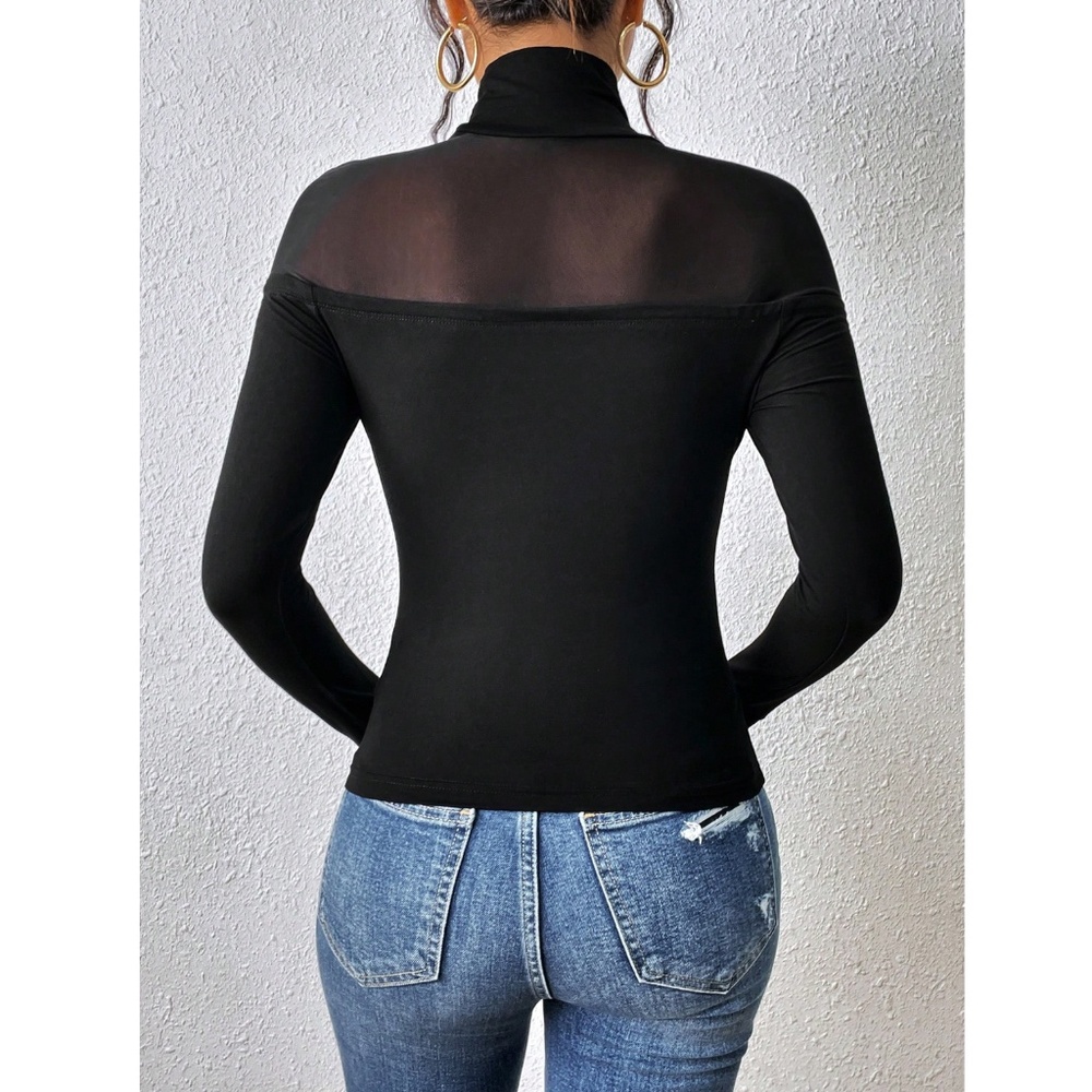 Black Long Sleeve Slim Fit High Stretch Top Sheer Mesh Insert Tee Shirt - Picture 4 of 7